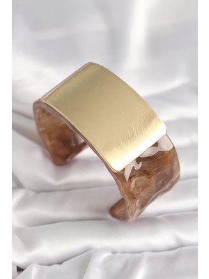 LTG Nova Kahverengi Mermer Desen Akrilik Platik Gold Dikdörtgen Plaka Model Kadın Bilezik - TJ-BB668