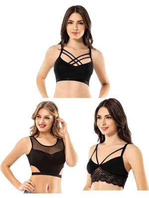 Royaleks Kesgin Market® Kota 3 Adet Dantelli Çapraz Ipli Tül Model Büstiyer Teknokesgin