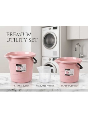 PremiumPort 3'lü Set Su Kovası 10-14 Litre Pudra ve Şeffaf Maşrapa