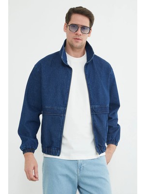 FullaModa Fermuarlı Polo Yaka Oversize Kot Ceket