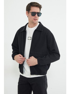 FullaModa Fermuarlı Polo Yaka Oversize Kot Ceket