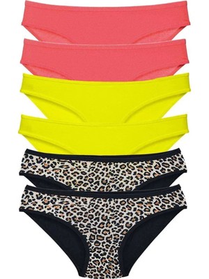 Royaleks Kesgin Market® 6 Adet Likralı Kadın Slip Külot Leopar Fuşya Sarı Teknokesgin