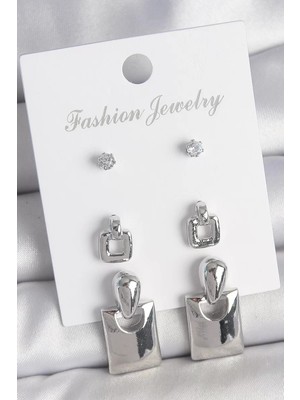 LTG Nova Pirinç Gümüş Renk Zirkon Taş Detay Sallantılı Kare Model 3 Çift Kadın Küpe Seti - TJ-BKP10603