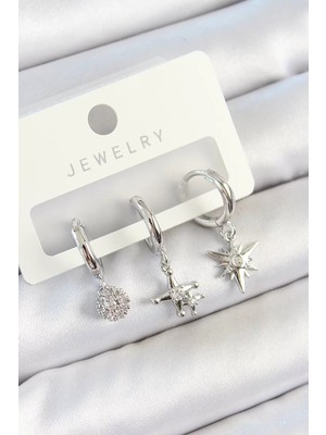 LTG Nova Pirinç Zirkon Taşlı Kutup Yıldızı Model Gümüş Renk 3'lü Çift Kadın Küpe Set - TJ-BKP10807