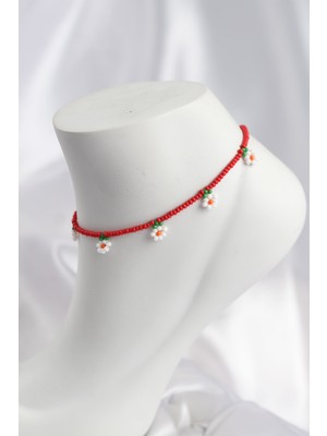 Zenvia Kırmızı Renk Boncuklu Papatya Motifli Halhal - TJ-HH1664