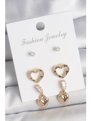 LTG Nova Pirinç Gold Renk Zirkon Taşlı Sallantı Model Kadın 3 Çift Küpe Seti - TJ-BKP10613