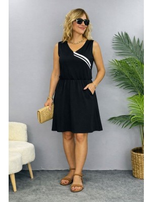 Deridün Yıldız Shoes Kadın Askılı V Yakalı Beli Büzgülü Kısa Viskon Iki Iplik Elbise