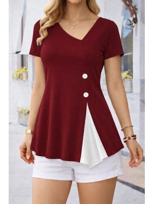 Pileli Store Pilelistore- Kadın Kısa Kollu Asimetrik V Yakalı Düğme Detaylı Viskon Bluz