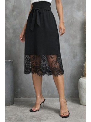 Evyora Kadın Askılı V Yakalı Dantelli Midi Viskon Elbise