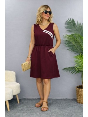 Cotton Lab Cottonlab Kadın Askılı V Yakalı Beli Büzgülü Kısa Viskon Iki Iplik Elbise