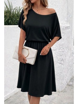 Livizmir Moda Kadın Kısa Kollu Omuzdan Açık Kiloş Midi Viskon Elbise