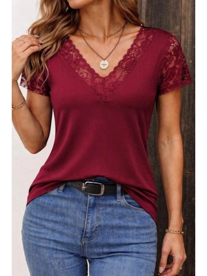 Pileli Store Pilelistore- Kadın Kısa Kollu V Yakalı Dantelli Viskon Bluz