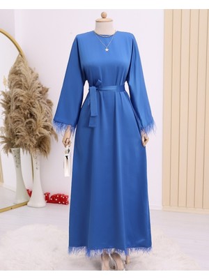 Moda Morfo Yuvarlak Yaka Eteği ve Kolları Tüylü Saten Elbise -İndigo