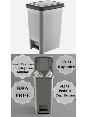PremiumPort Slim Kapaklı Pedallı Krom Çöp Kovası 25 Litre, Şık ve Pratik Kullanım