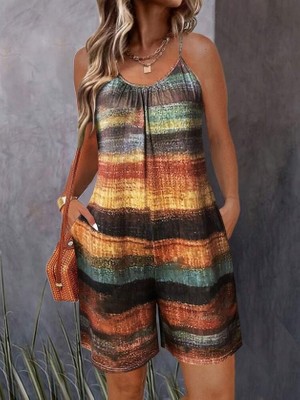 Gökyüzü Moda Kadın Ip Askılı Yuvarlak Yakalı Cepli Desenli Kısa Süprem Tulum