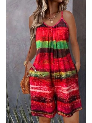 Cotton Lab Cottonlab Kadın Ip Askılı Yuvarlak Yakalı Cepli Desenli Kısa Süprem Tulum