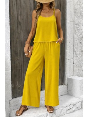 Cotton Lab Cottonlab Kadın Ip Askılı Yuvarlak Yakalı Aerobin Kısa Bluz ve Pantolon Ikili Takım