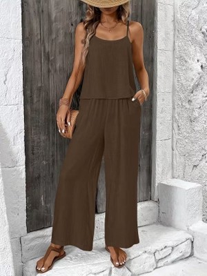 Cotton Lab Cottonlab Kadın Ip Askılı Yuvarlak Yakalı Aerobin Kısa Bluz ve Pantolon Ikili Takım