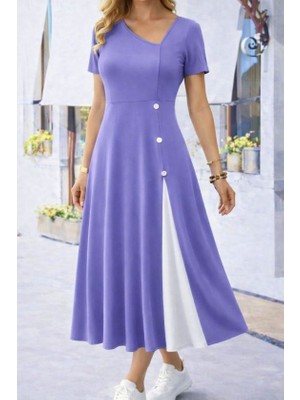 Emh Store Kadın Kısa Kollu Asimetrik Yakalı Düğme Detaylı Midi Viskon Elbise