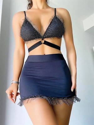 Amora Secret  Siyah Mini Tül Detaylı Fantezi Elbise Kadın Iç Giyim Şık Tasarım