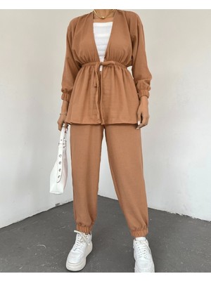 Moda Morfo Beli Bağlamalı Lastikli Ikili Keten Takım -Taba