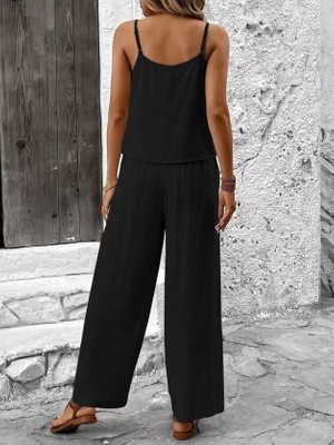 Livizmir Moda Kadın Ip Askılı Yuvarlak Yakalı Aerobin Kısa Bluz ve Pantolon Ikili Takım