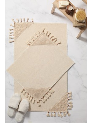 PremiumPort Şık Bej Dantelli Lüx Kaydırmaz Banyo Paspas Takımı 2'li Set