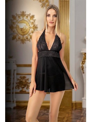 Amora Secret  Siyah Dantel Işlemeli Boyundan Bağlamalı Fantezi Tül Gecelik Takımı Kadın Iç Giyim Şık Tasarım