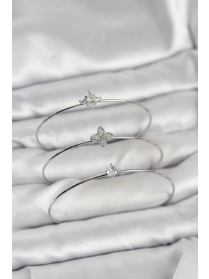 LTG Nova Zirkon Taşlı Gümüş Renk Yonca Model 3'lü Kadın Bileklik Kombini - TJ-BB8348