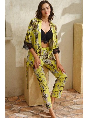 Amora Secret  Dokuma Viskon Çiçek Baskılı Dantelli Sabahlık Balenli Desteksiz Dolgusuz Büstiyer Sütyen ve Pantolon Pijama 3'lü Takım Kadın Iç Giyim Zarif Görünüm