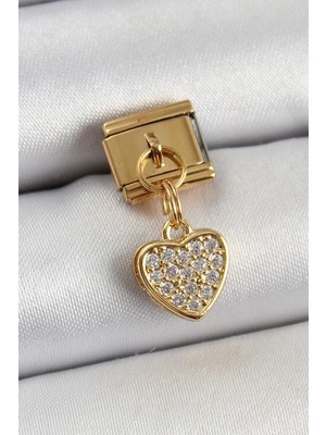 Die Grup  316L Çelik Sallantılı Zirkon Taşlı Kalp Model Gold Renk Nomination Charm