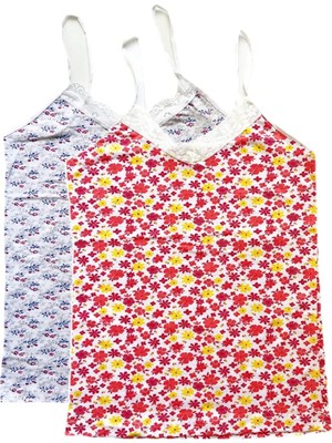 Die Grup 2 Adet Kadın Askılı Desenli Atlet Dantelli Empirme Pamuklu Penye D7-8