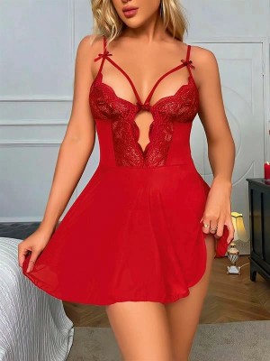 Amora Secret  Kırmızı Dantel Işlemeli Göğüs Ip Detaylı Fantezi Tül Gecelik Takımı Kadın Iç Giyim Zarif Görünüm