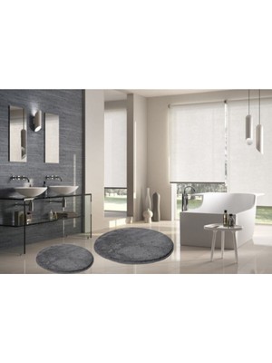 PremiumPort Yumuşak ve Şık Yuvarlak Peluş Banyo Paspası Seti, 100X100 ve 60X60 cm