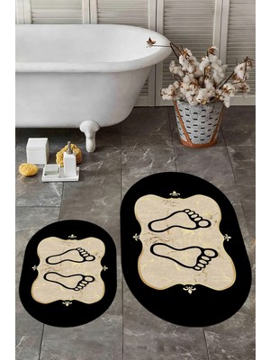 PremiumPort Yıkanabilir Kaymaz Modern Ayak Izi Desenli Oval Banyo Halısı Klozet Takımı