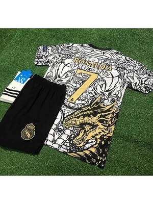 R.madridd 2023-24 Sezon Dragon Desenli Cristiano Ronaldo Çocuk Forması 3'lü Set (Black-White)