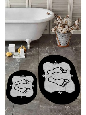 PremiumPort Yıkanabilir Kaymaz Modern Ayak Izi Desenli Oval Banyo Halısı Klozet Takımı