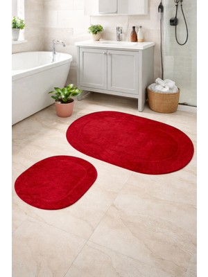 PremiumPort Kırmızı 2'li Banyo Paspası Seti, Kaymaz Deri Tabanlı ve Yıkanabilir