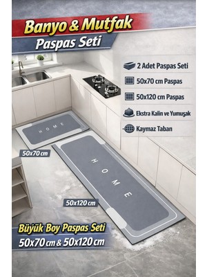 PremiumPort Su Emici Kaymaz Paspas Seti, Mutfak ve Banyo Için 50X120/70 cm