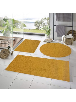 PremiumPort Hardal Sarısı Post Peluş Banyo Paspası Üçlü Takım, Kaymaz Taban