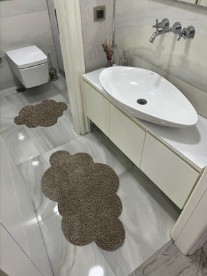 PremiumPort 2'li Lazer Kesim Bulut Modeli Banyo Paspası Kahve Peluş Halı