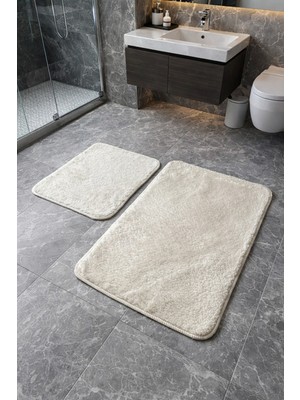 PremiumPort Yıkanabilir 2'li Ultra Yumuşak Peluş Banyo Paspas Takımı 40X60 60X90 Krem