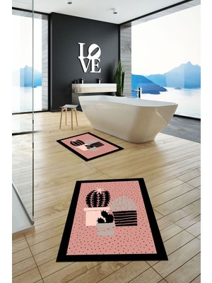 PremiumPort Yıkanabilir Kaktüs Çiçek Desenli Kaymaz Banyo Halısı ve Klozet Takımı