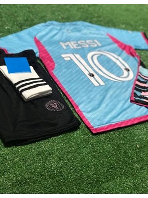 Miami 2023/24 Yeni Sezon Lionel Messi Çocuk Forması Şort Çorap 3'lü Set (Blue-Black)