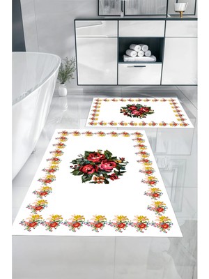 PremiumPort Yıkanabilir Çerçeveli Çiçek Desenli Banyo Paspası ve Klozet Takımı