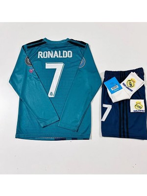 Cristiano Ronaldo Turkuaz Röveşata Uzun Kol Çocuk Forması 4'lü Armalı Set