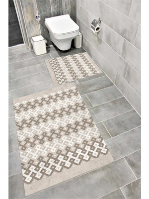PremiumPort Suya Dayanıklı Dijital Baskılı Kaymaz Tabanlı Banyo Paspası Takımı