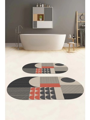PremiumPort Yıkanabilir Kaymaz Taban Modern Desenli Oval Banyo Paspası Klozet Takımı