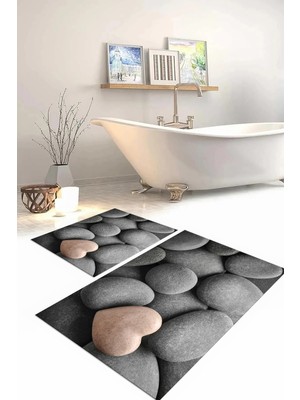 PremiumPort Dijital Baskılı Yıkanabilir Kaymaz Taban Taş Modeli Banyo Paspası Klozet Takımı