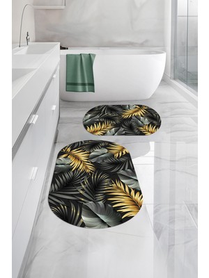 PremiumPort Yıkanabilir Yaprak Desenli Oval Banyo Paspası ve Klozet Takımı